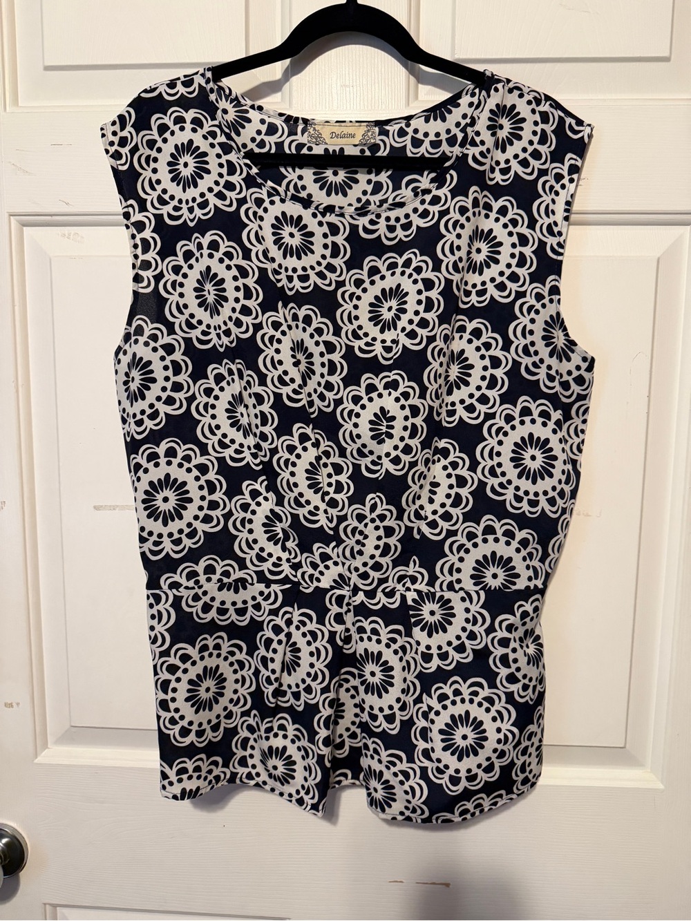 Delaine Navy and White Floral Medallion Sleeveless Camisole Top